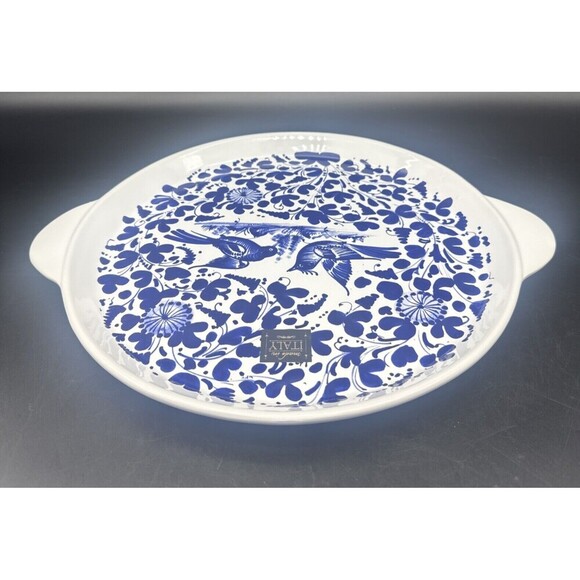 Nova Deruta Italian BLUE BIRD 12" Round Handled Cake Plate/ Serving Platter NEW - Picture 5 of 9